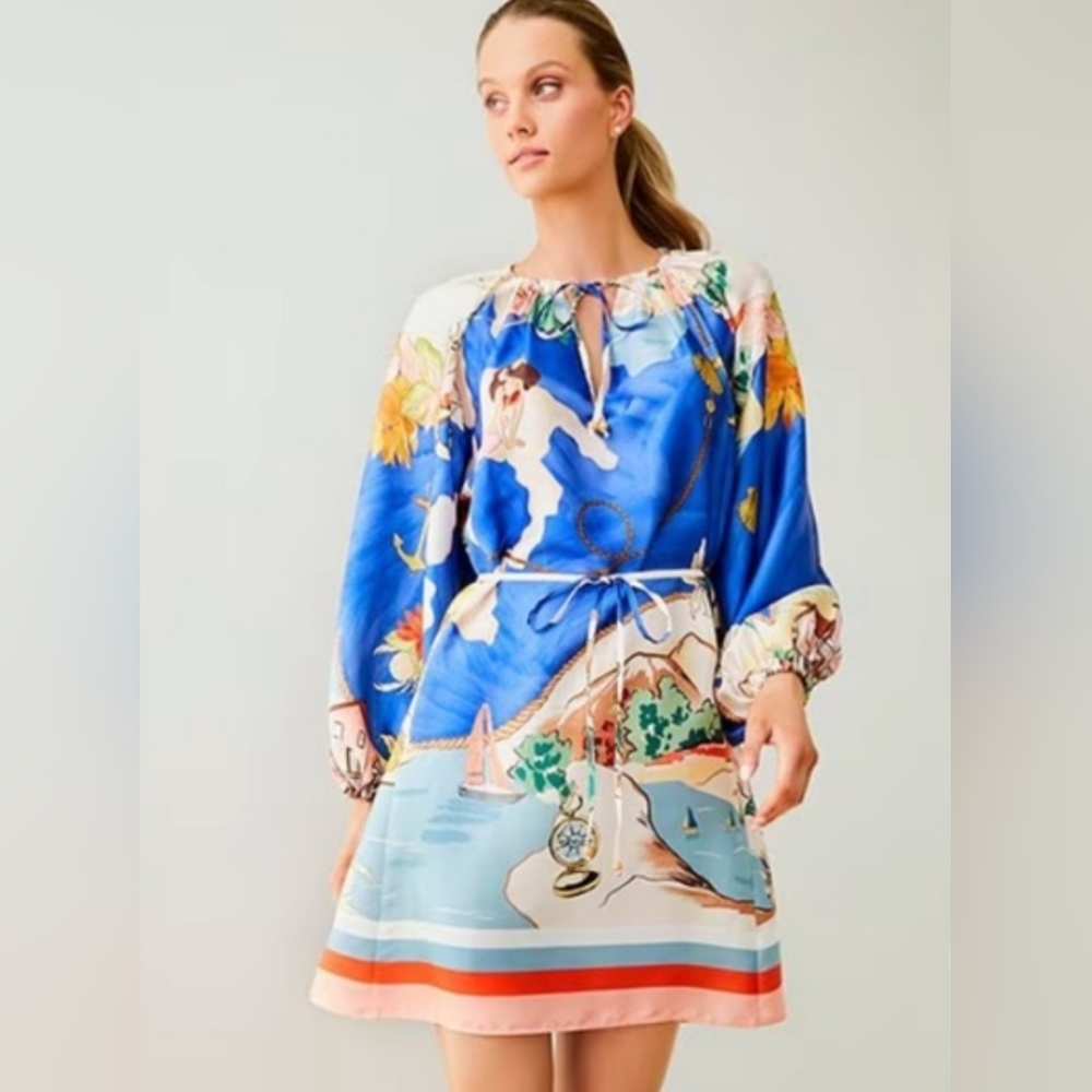 Antonio Melani Mini Dress M Blue Satin Raffaella Belted Floral Tropical New $200